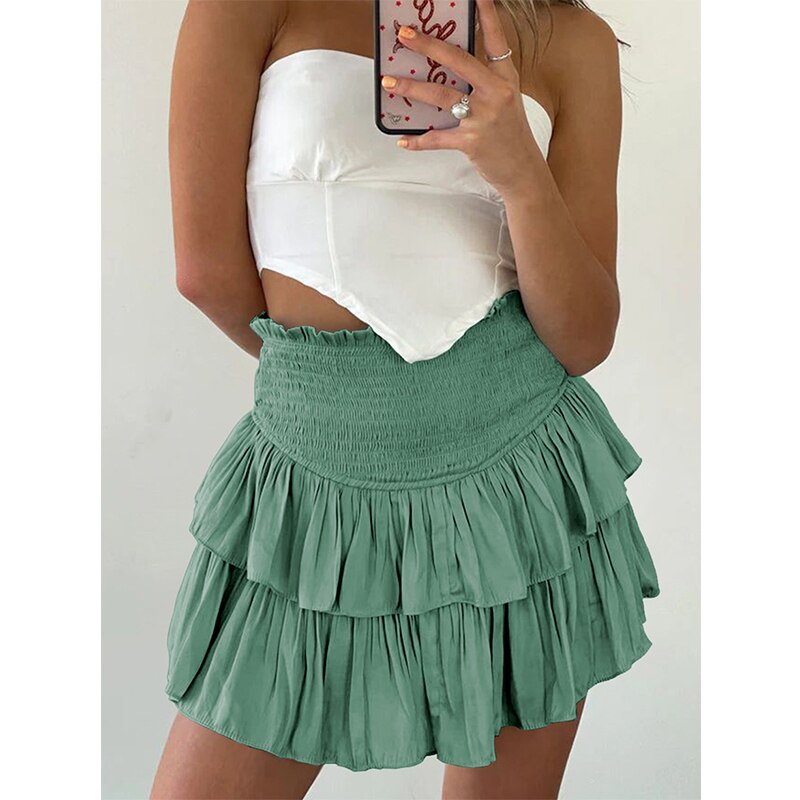 jinran Women Summer White Ruffle Tiered Mini Skirt Beach Cute Fashion Elastic Waist Rose Red Faldas Mujer Black Bottom