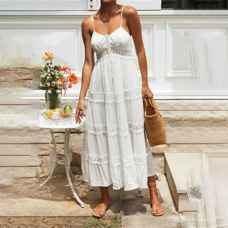 jinran 2024 White Dress Women Halter Cotton Long Dress Lace Elegant Party Outfits Ladies Sexy Club Clothes