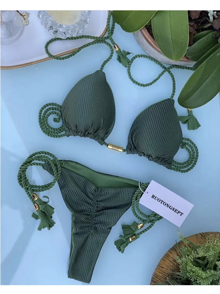 jinran Swimwear Thong Bikini Set 2024 New Blue Swimsuits Woman Sexy Bathing Suits Bikinis Triangle Bandage Female Beachwear Bikini