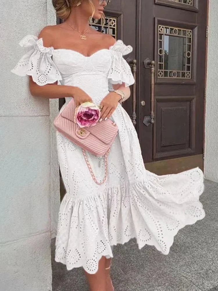 jinran Women Sexy Off Shoulder Lace Long Dress 2022 Solid Ruffle Cutout Boho Casual Holiday Beach Elegant Party Dresses Summer платье