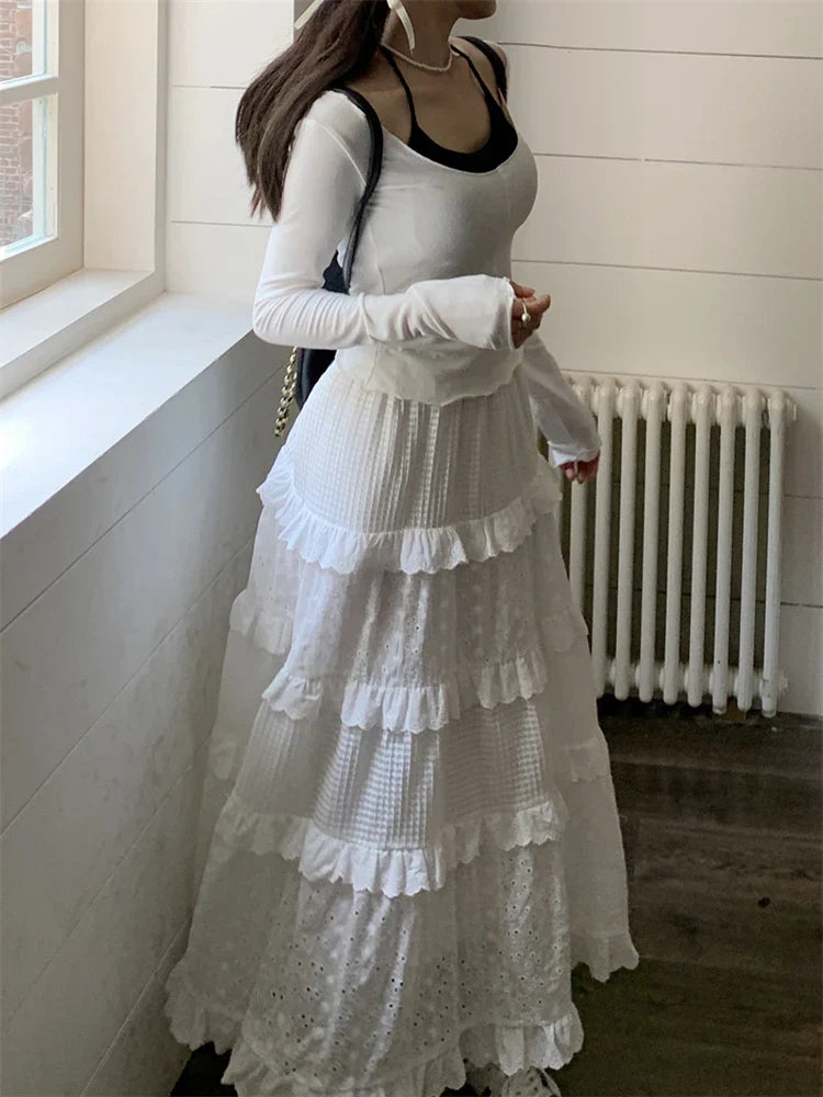 jinran High quality White Cute Skirts for Women Summer High Waisted A-line Skirt Long Skirt Hook Flower