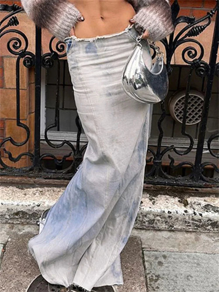 jinran Fashion Denim Maxi Skirt For Women Low Waist High Street Split Casual Long Skirt Outfit Elegant Broken Summer Denim Skirt