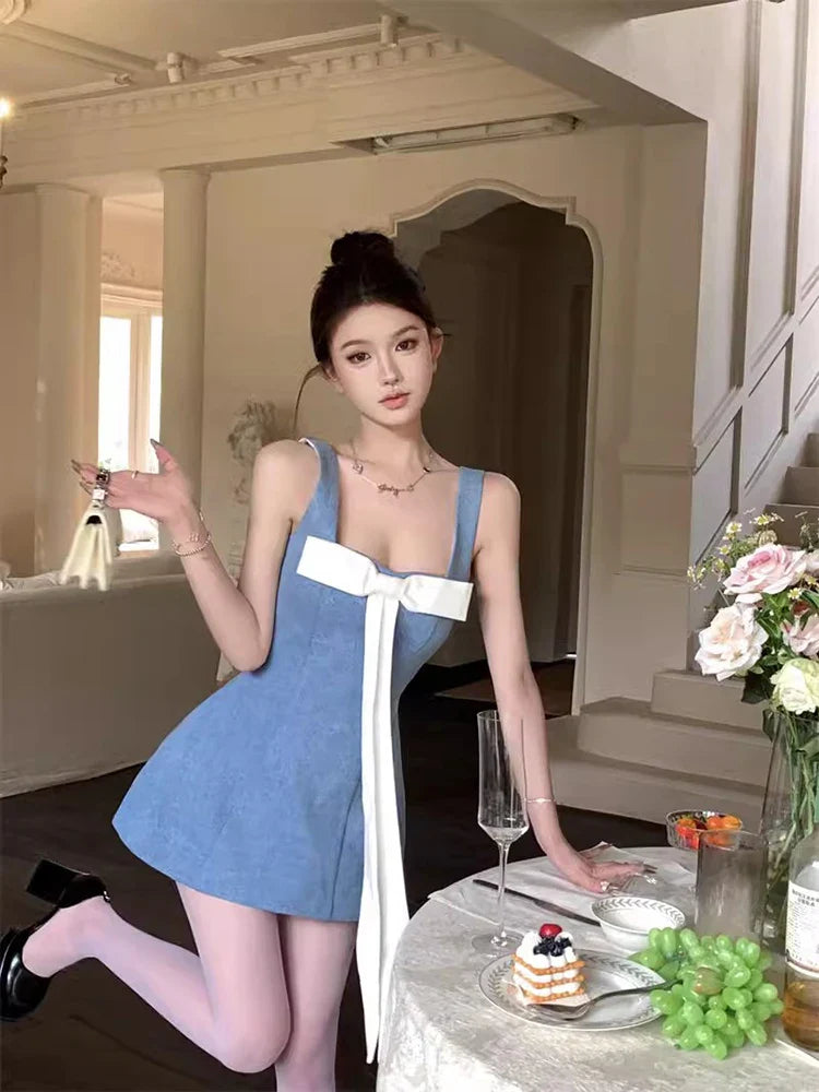jinran Color Black Bowtie Mini Denim Dress for Women Summer Sleeveless A-line Square Neck One-piece Tank Dress Korean Clothes