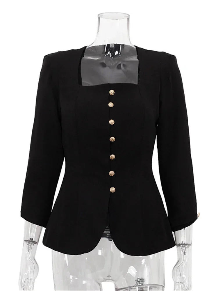 nvxiot - Autumn Square Collar Outwear Female Elegant Commute Cropped Long Sleeve Streetwear Patchwork Cardigan Solid Coat Ladies