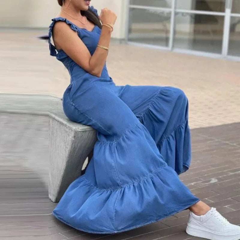 jinran Women Solid Imitation Denim Jumpsuits Spring V Neck High Waist Straight Playsuits Summer Backless Wide Leg Pleated Pants Rompers