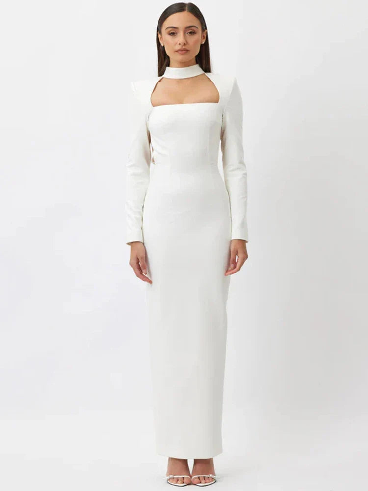 jinran Elegant Sparkle Chain Backless Maxi Dress For Women Autumn Winter New Long Sleeve Bodycon Split Long Dress 2024 New
