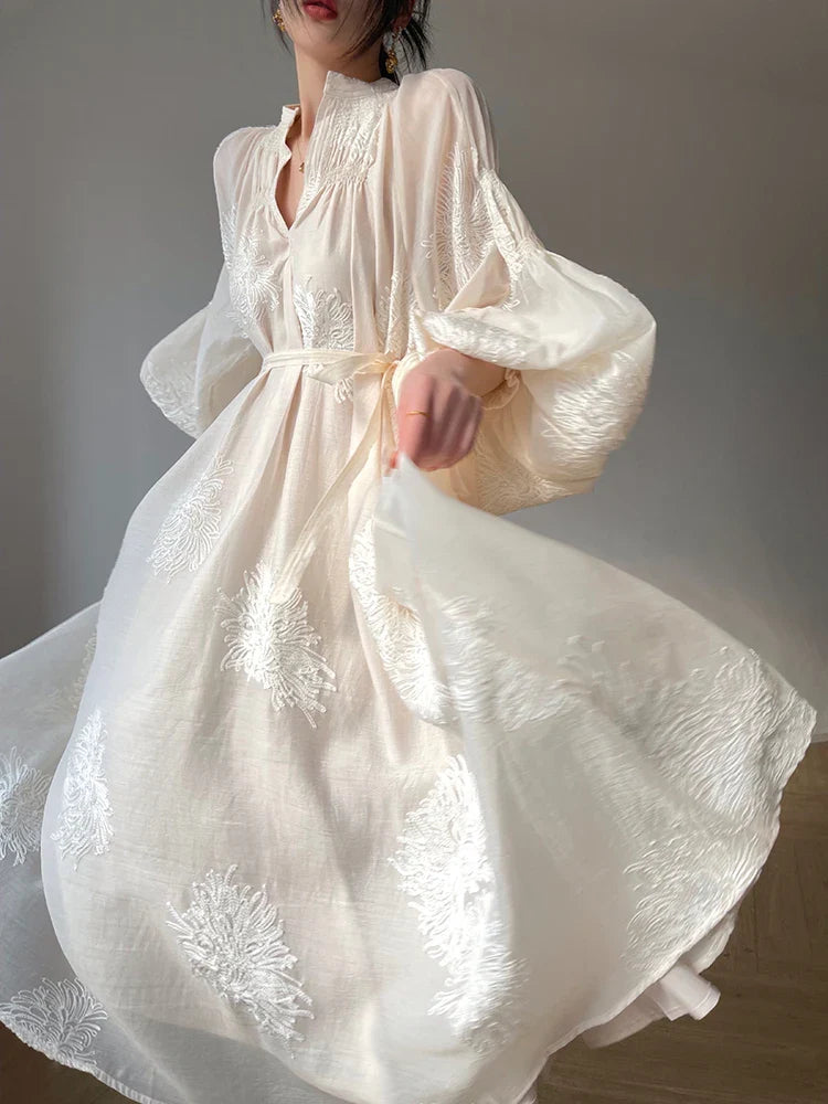jinran Elegant Vintage Embroidery Dress Women Casual Korean Party Midi Dress Female 2024 Spring Lantern Sleeve Beach Style Floral Dress