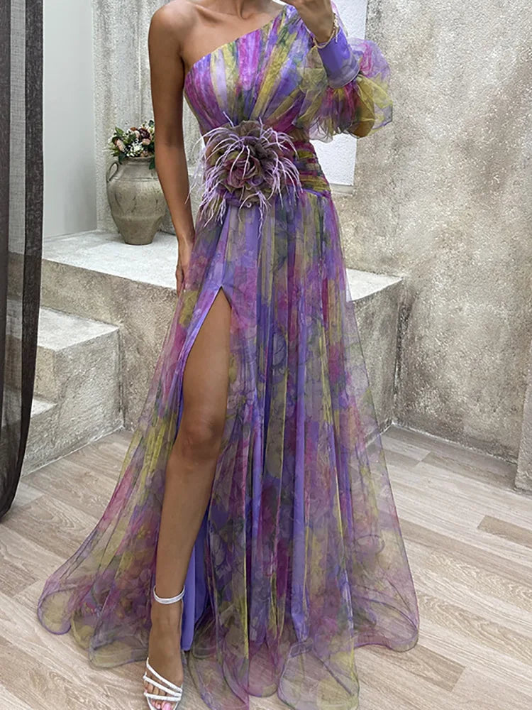 jinran Women High Waist Hollow Out Slit Dresses Party Lady Chic Patchwork Print Maxi Dress Summer Off Shoulder Long Dress New Vestido