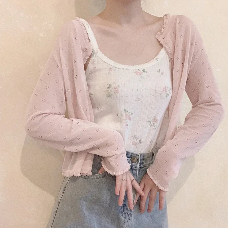 jinran Cute 2 Piece Tops Women Summer 2023 Cardigans and Crop Tops for Sweet Girls Floral Cat Print Kawaii Clothes