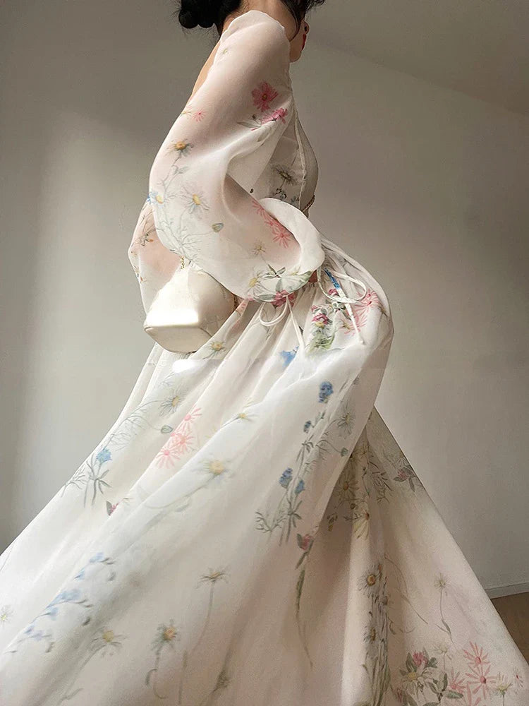 jinran Summer French Floral Midi Dress Elegant Chiffon Long Sleeve Party Dress Woman Beach Evening Fairy One Piece Dress Korean