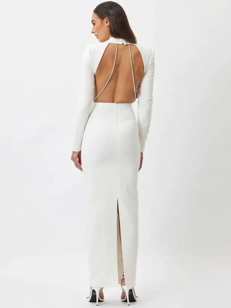 jinran Elegant Sparkle Chain Backless Maxi Dress For Women Autumn Winter New Long Sleeve Bodycon Split Long Dress 2024 New