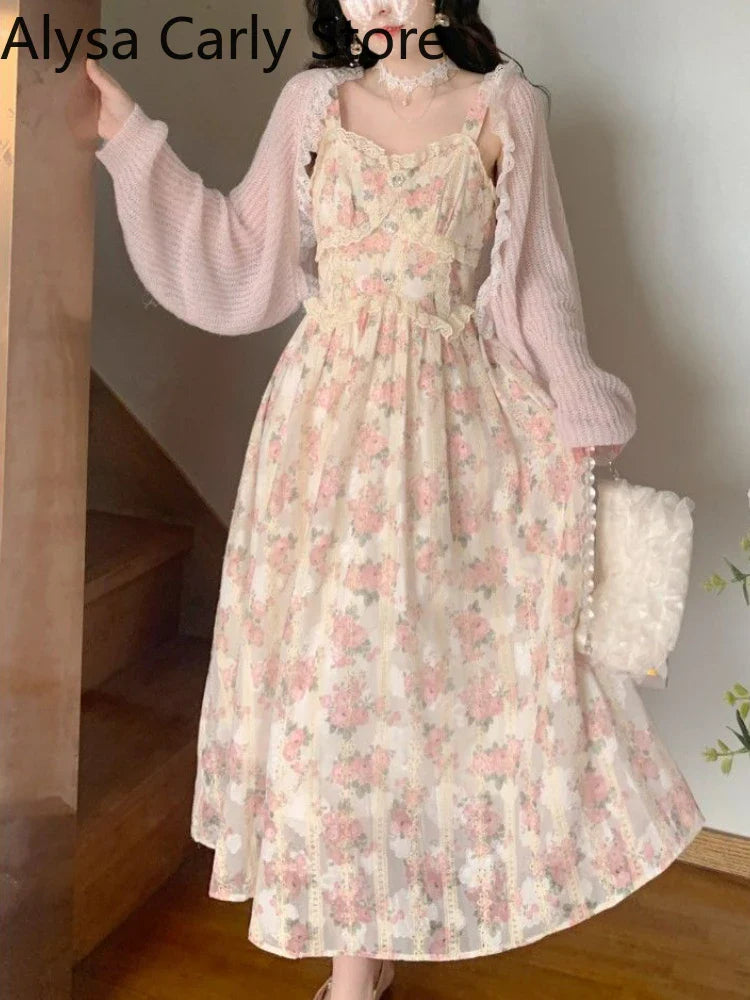 jinran Chiffon Lace Strap Dress Women Floral Embroidery Fairy Vintage Long Dress Female Sweet Princess Casual Party Dresses 2024 Summer