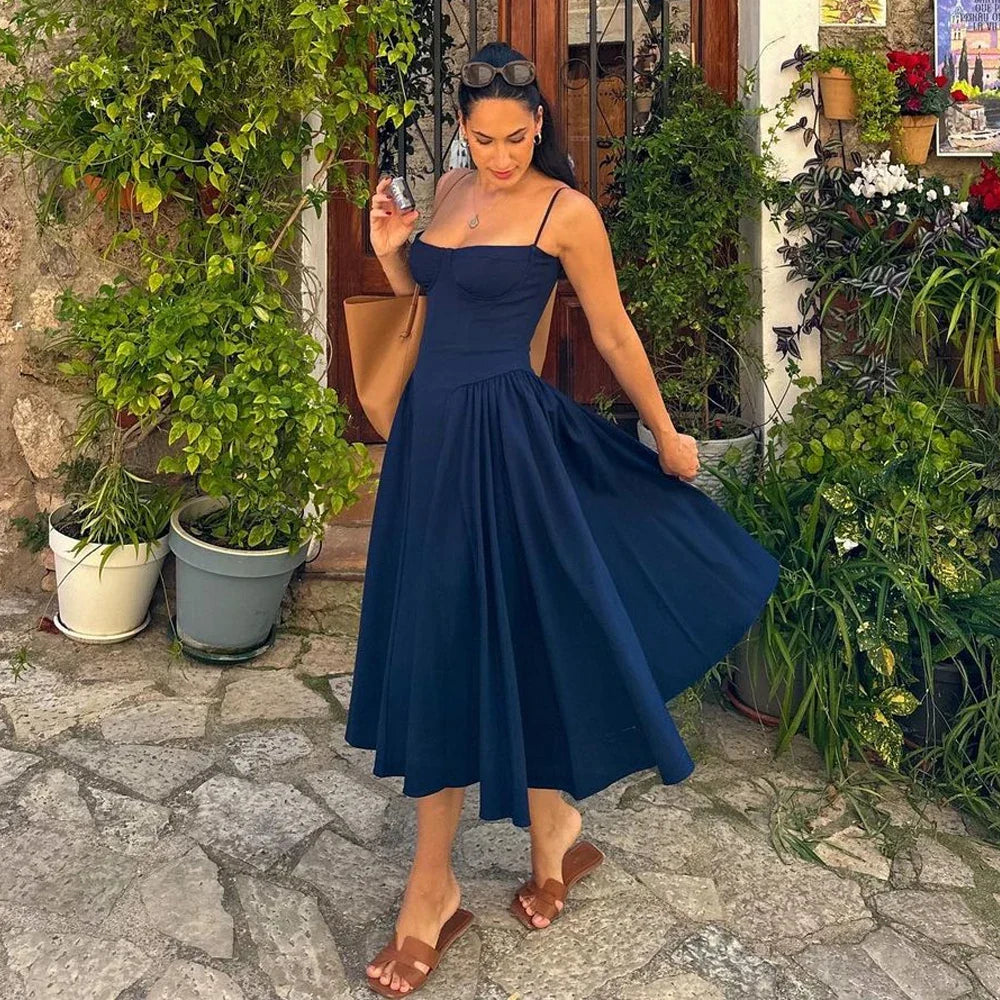 jinran Summer Elegant Midi A Line Dress Lovely V Neck Spagehetti Strap Holiday Party Dress Casual Women New Arrivals 2024