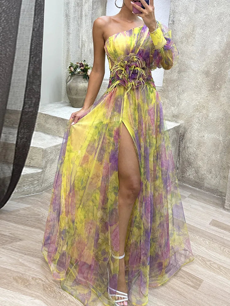 jinran Women High Waist Hollow Out Slit Dresses Party Lady Chic Patchwork Print Maxi Dress Summer Off Shoulder Long Dress New Vestido