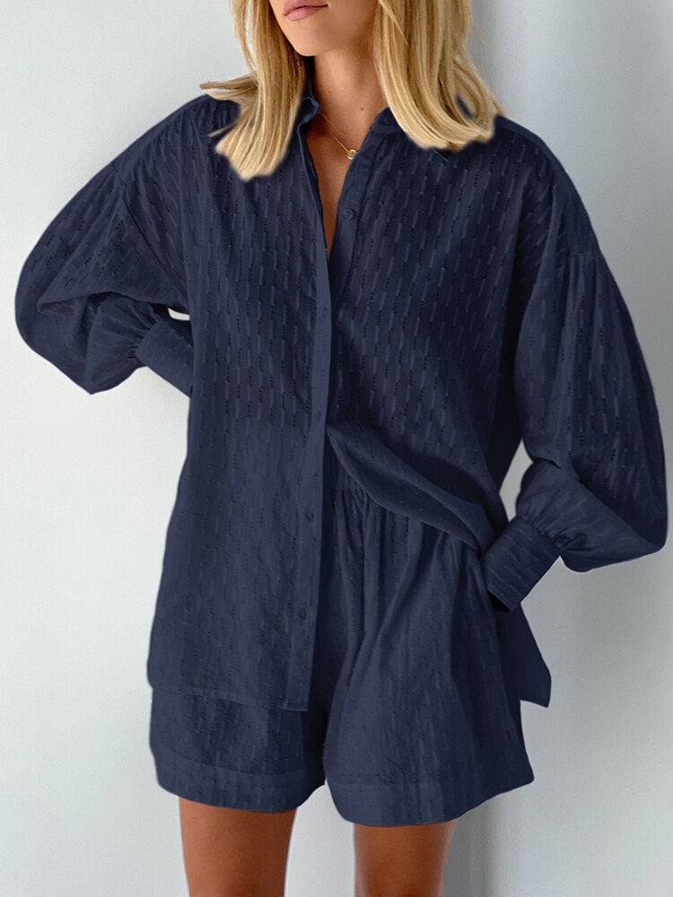 jinran White Elegant Jacquard Fabric Soft Vacation Suits Women Long Sleeves Shirts And Hot Pants Two Pieces Outfits Summer