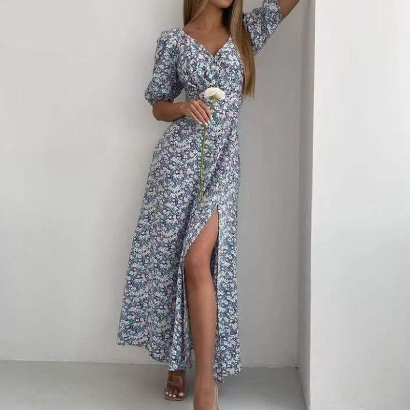 jinran Summer Cute Flower Puff Sleeves Dresses Women Sexy V-neck Slit Beam Waist Long Dress Female Vintage Elegant Red Dress