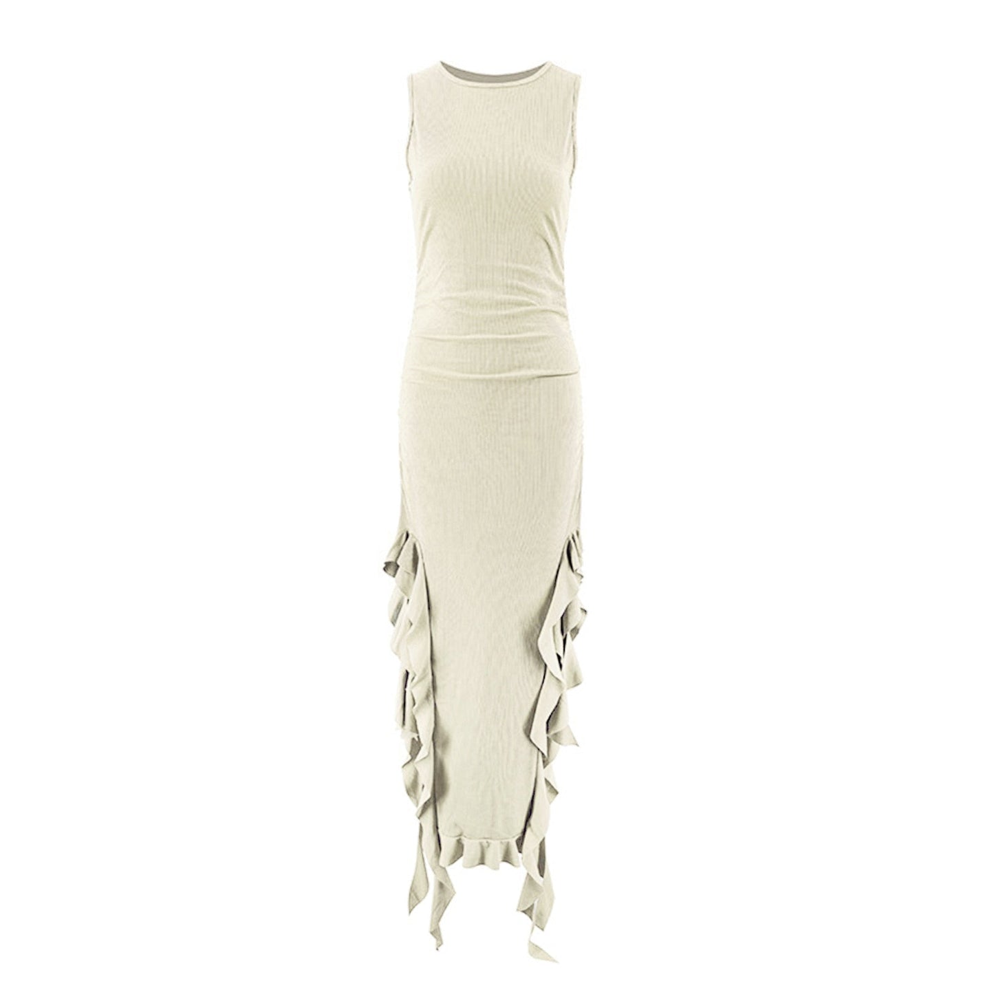 jinran Sexy Summer Women See Through Mesh Sheer Irregular Hem Tank Dress Sleeveless Ruffle Hem Bodycon Dress Clubwear