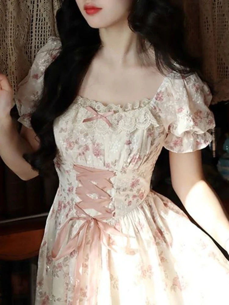 jinran Summer Lace Korean Fairy Dress Women Square Collar Princess Kawaii Floral Midi Dress Female Bandage Sweet Dresses Fashion