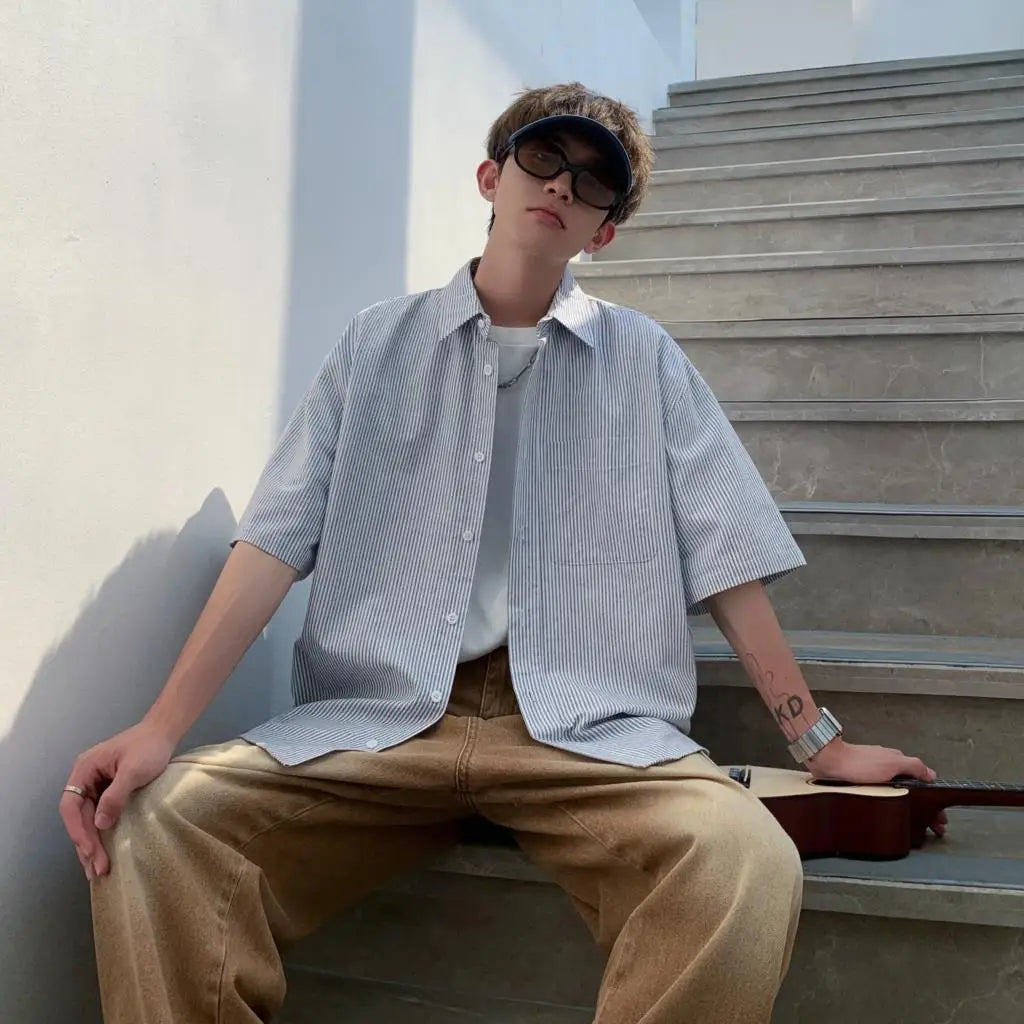 -Youth Korean Fashions Cotton Striped Shirts Oversized Vintage Button Up Shirts Japanese Casual Short Sleeve Shirts