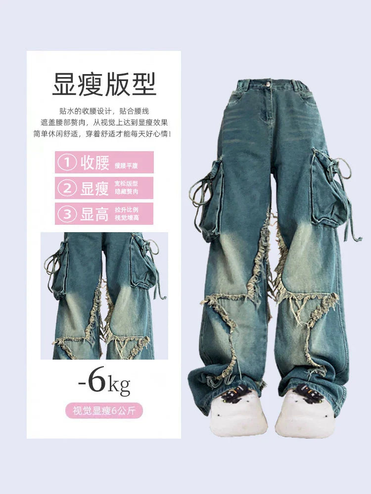 jinran Women Blue Cargo Jeans Baggy Vintage 90s Aesthetic High Waist Cowboy Pants Harajuku Denim Trousers Y2k Trashy 2000s Clothes 2024