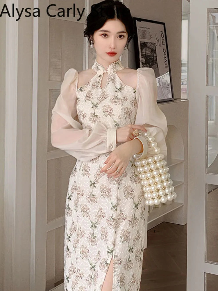 jinran Vintage Elegant Cheongsam Dress Women Floral Embroidery Design Party Fairy Dress Female 2024 Spring Court Retro Long Split Dress