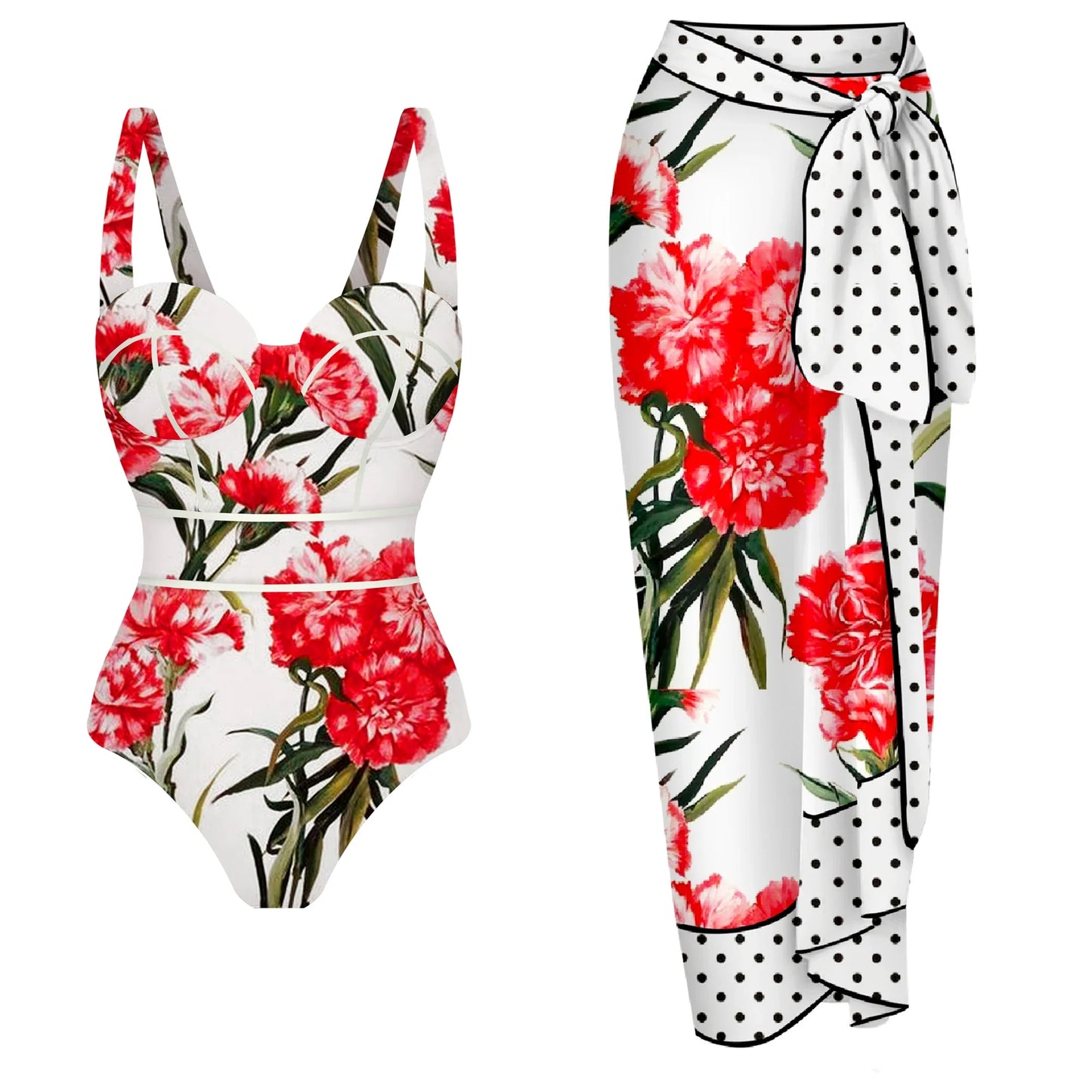 jinran 2024 One Piece Swimsuit Women Swimwear with Beach Skirt V Neck Bathing Suit Flower Beachwear Monokini Swim Summer