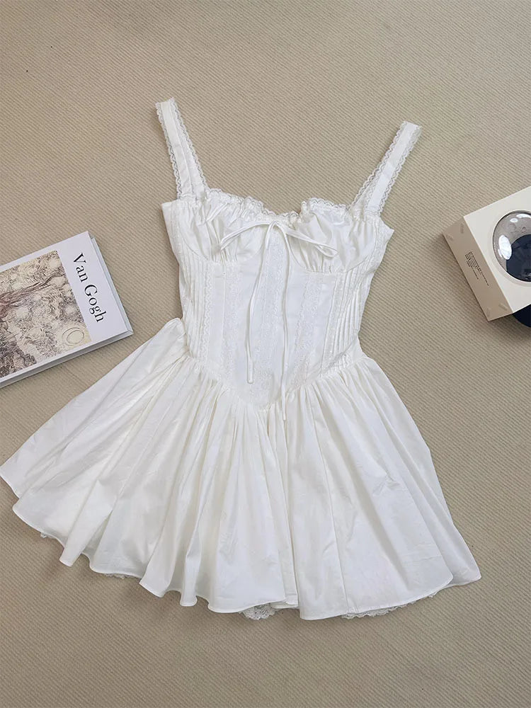 jinran Summer Mori Girl Women Bow A-Line Dress Spaghetti Strap Solid Color Frocks Dress Square Neck Party Tunic Korean Preppy Evening