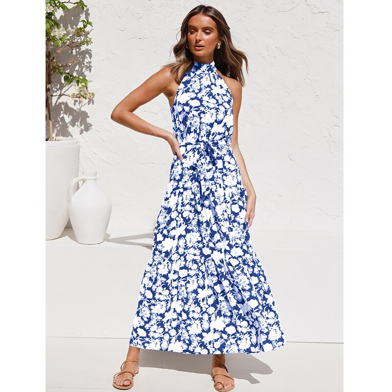 jinran Polka Dots Vintage Women Summer Halter Maxi Boho Dress Sleevless Navy Blue Floral Print Long Sash Beige A-line Beach Casual Robe