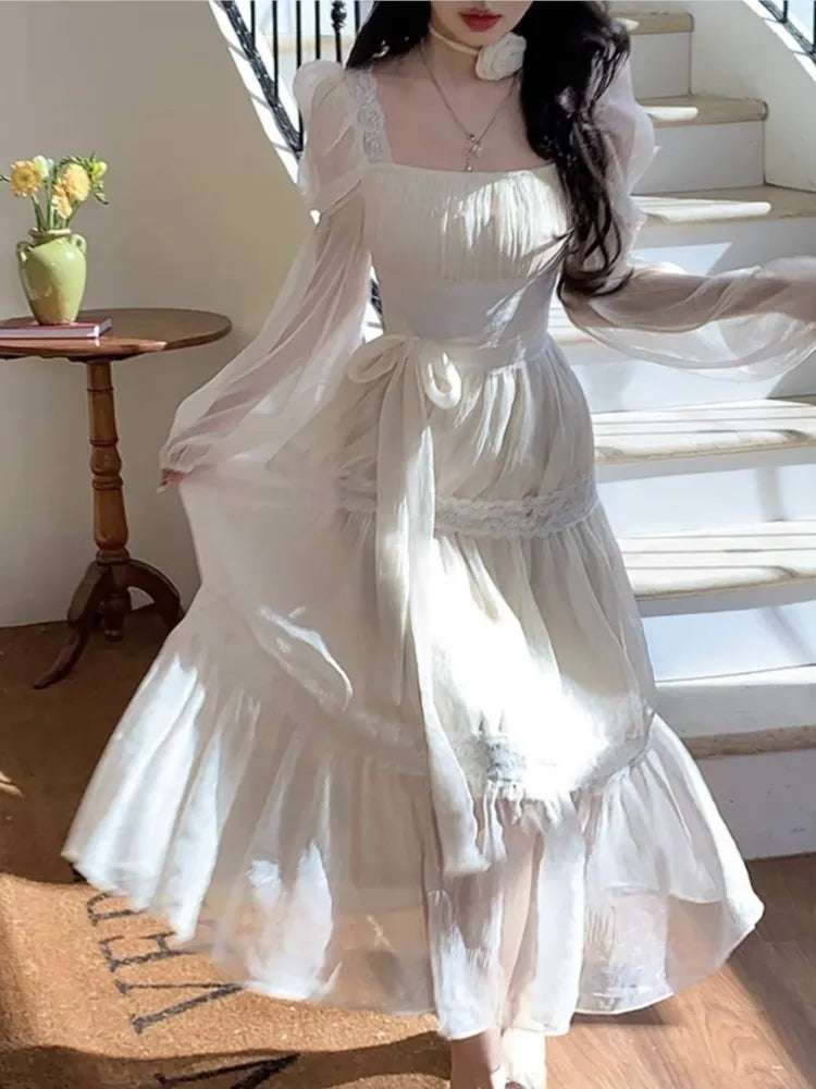 jinran Summer Chiffon Midi Dress Women Lace Y2K Lolita Fairycore Puff Sleeve High Waist French Vintage Evening Party Dresses Prom Robe