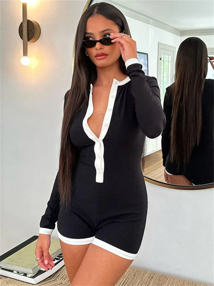 jinran Fashion Patchwork Slim Jumpsuit Female Contrast Autumn 2024 Long Sleeve High Waist Bodycon Rompers Women Casual Jumpsuit