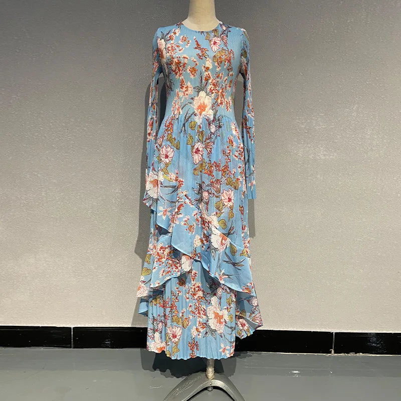 jinran 2024 Summer New Women's Printed Irregular Hem Splicing Dress Bohemian Style Fashion Holiday Leisure Pleated Dress