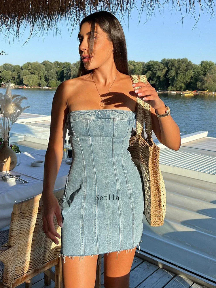 jinran 2024 Denim Mini Dress Women Fashion Slim Backless Strapless Sleeveless Sexy Bodycon Dresses Summer Causal Party Mini Dress