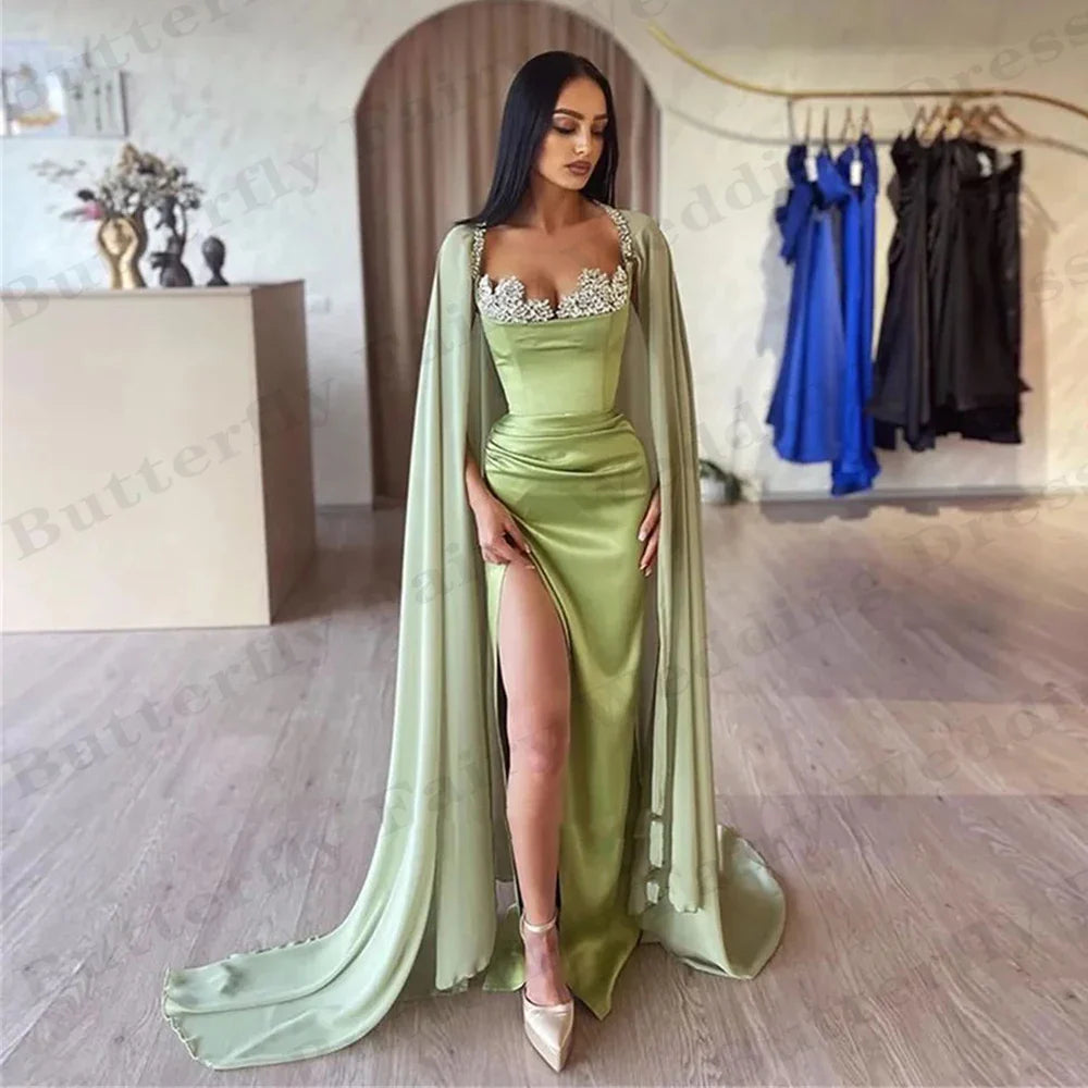 jinran Gorgeous Satin Evening Dresses Exquisite Beading Party A-Line Sweetheart Square Collar High Split Fashion Mopping Prom Gown 2024