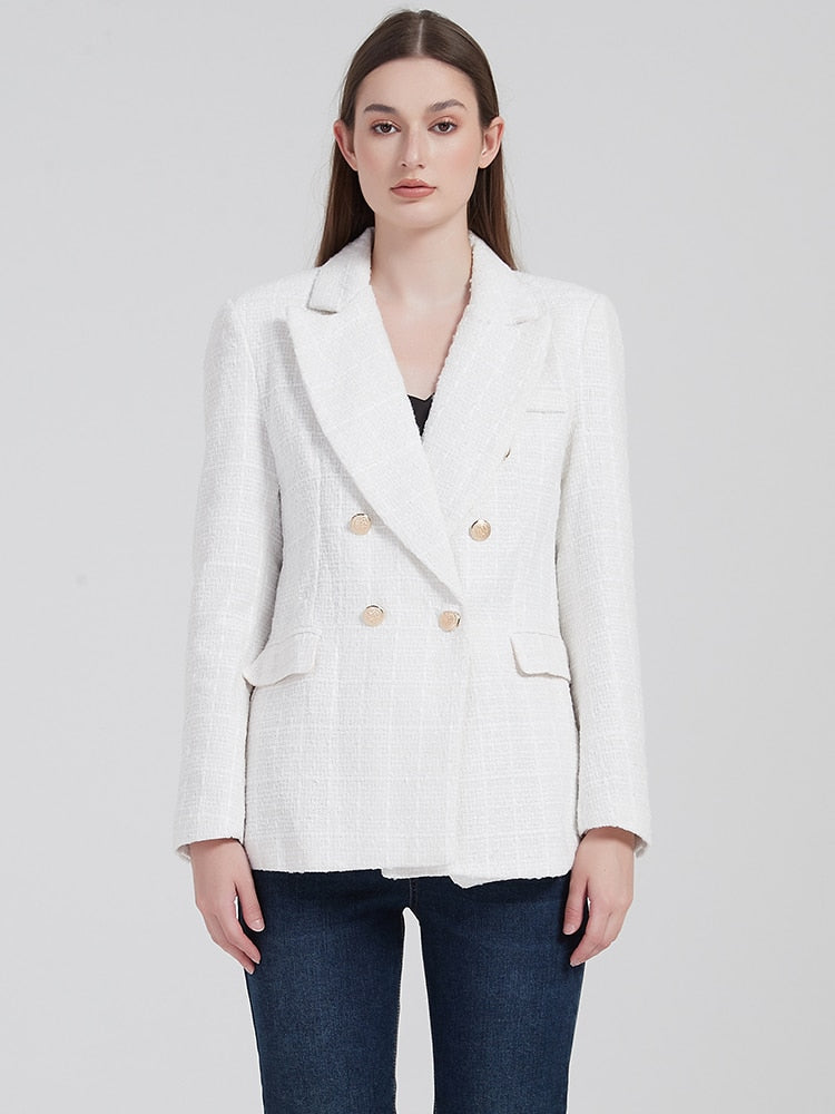 jinran Women Solid Tweed Double Breasted Blazer Coat Long Sleeve Pockets Outerwear Female Spring New Tops CD8395