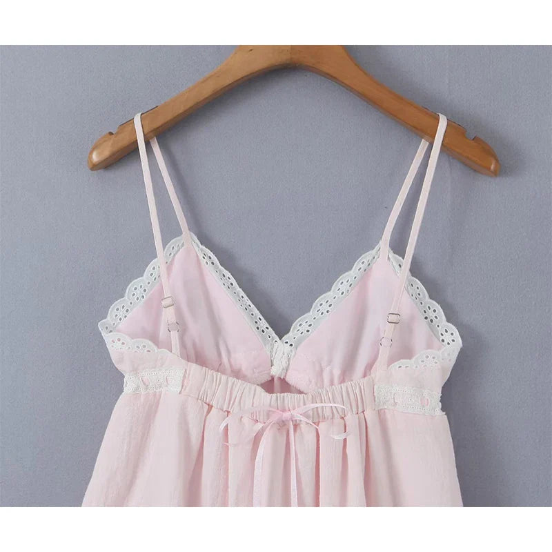 jinran 2024 Women Sweet Lace Spliced Pink Sling Mini Dress Sexy Sleeveless V Neck Female Holiday Summer Dresses Party Robe