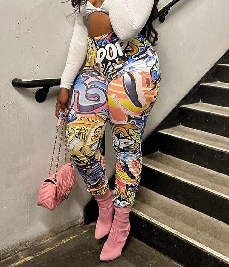 jinran Summer Women Casual Y2K Clothes Tie Dye Print Ruched Side Slit High Waist Pants Graphic Aesthetic Hip Pop Drop Shipping