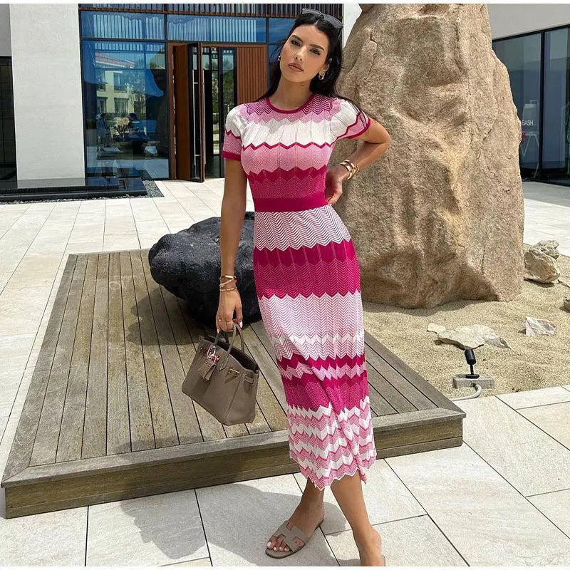 jinran Women Contrast Knitted Slim Maxi Dress Fashion Round Neck Short Sleeve Dresses 2024 Autumn Elegant Lady Vacation Street Vestido
