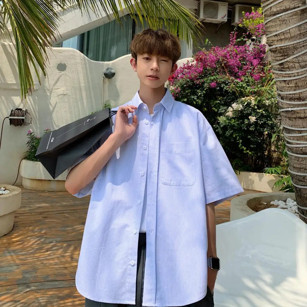 -Youth Korean Fashions Cotton Striped Shirts Oversized Vintage Button Up Shirts Japanese Casual Short Sleeve Shirts