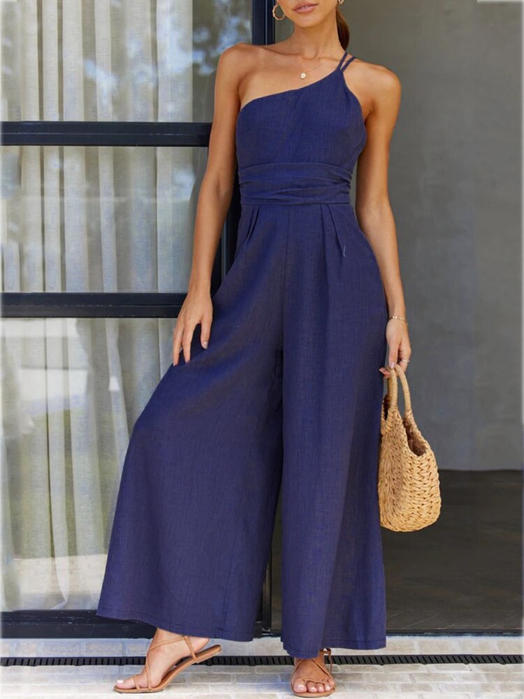 jinran Waist Folds Backless Double Strap Casual Wide Leg Jumpsuit Long Pants Green New Female Loose Jumpsuit