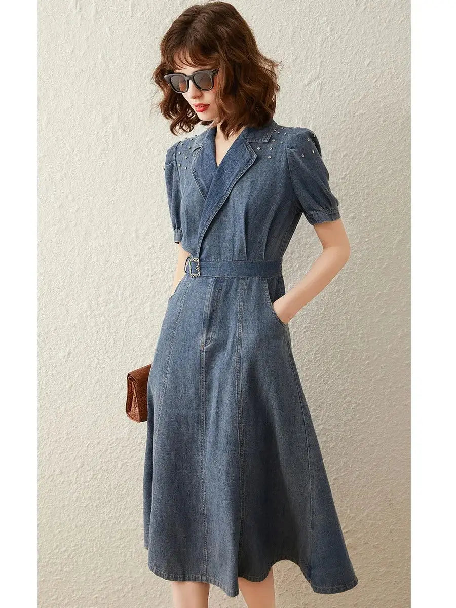 jinran Women Denim Dress 2024 Summer Dress Turn Down Collar Puff Short Sleeve with Belt Knee Length Long Washed Denim Dress
