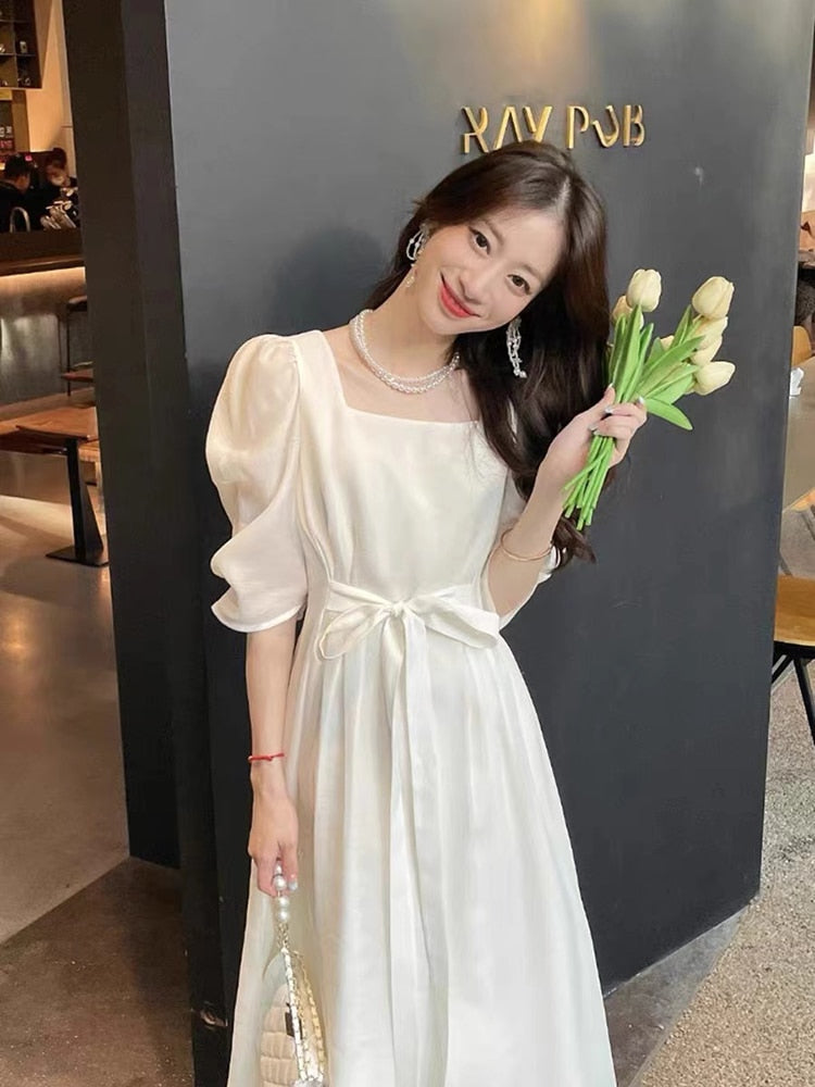 jinran Solid Sexy Casual Bow Square Collar Short Puff Sleeve Evening Midi Dresses for Women Summer New Maxi Dress Elegant Clothing