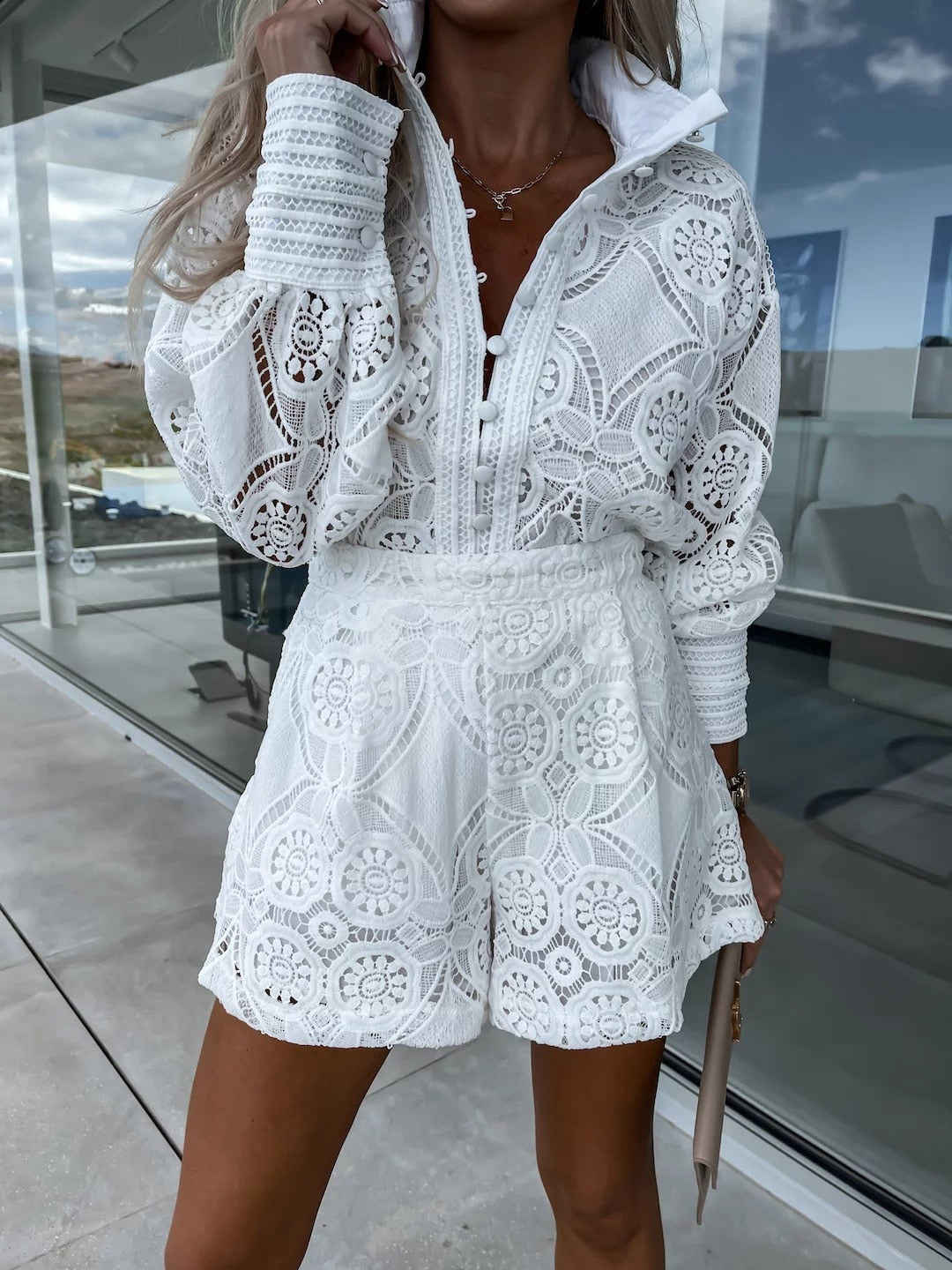 jinran Vintage Single Breasted White Lace Women Shorts Sets Spring Long Sleeve Casual Party 2 Pcs Outfits Femme Suit Summer