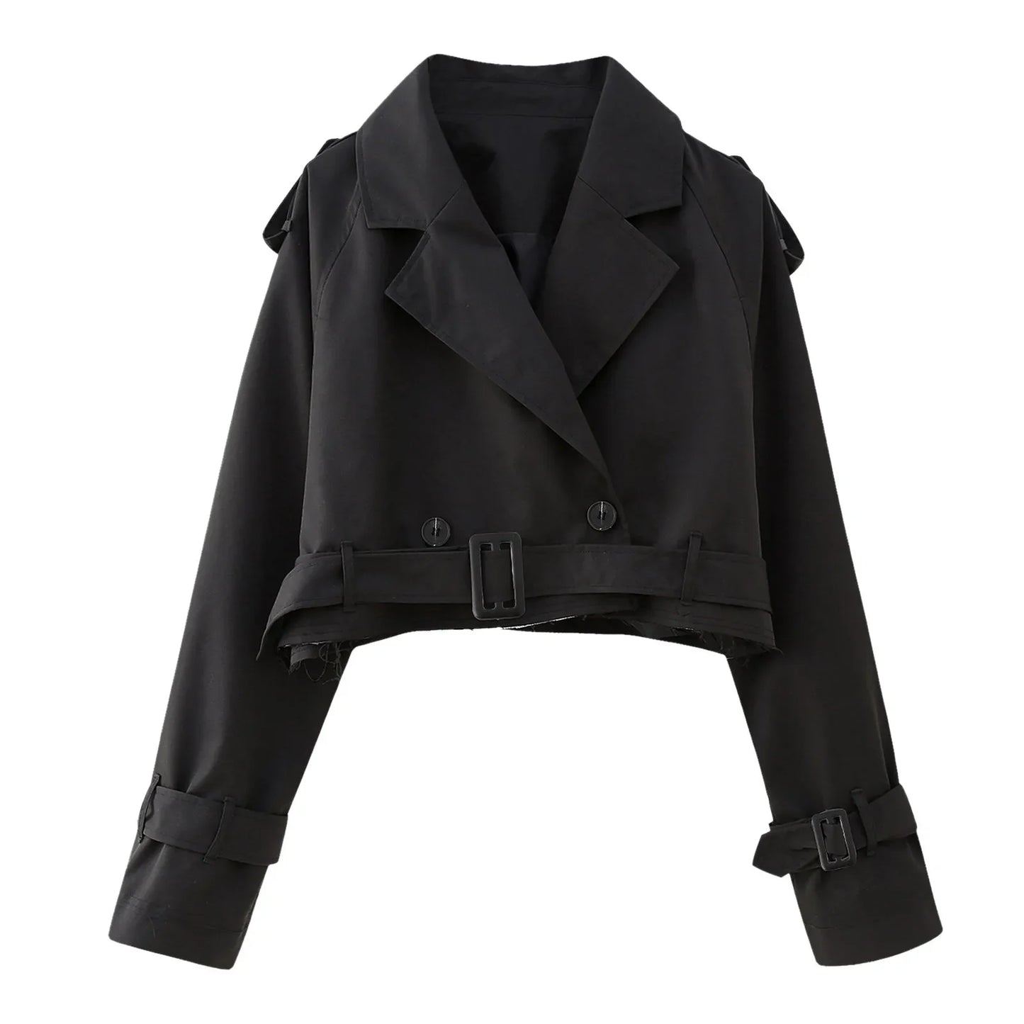 jinran Korean Fashion All Match Trench Coats Solid Color Black Khaki Short Jackets 2024 New Lapel Double-Breasted Waistband Windbreaker