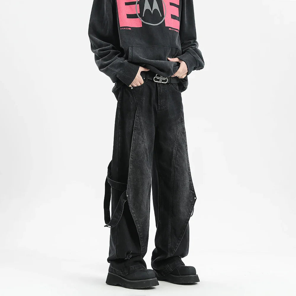 Korean Hip Hop Patchwork Wide Leg Jeans Pants Men Fashion Hole Streetwear Baggy Denim Trousers Male Oversized Straight Denim