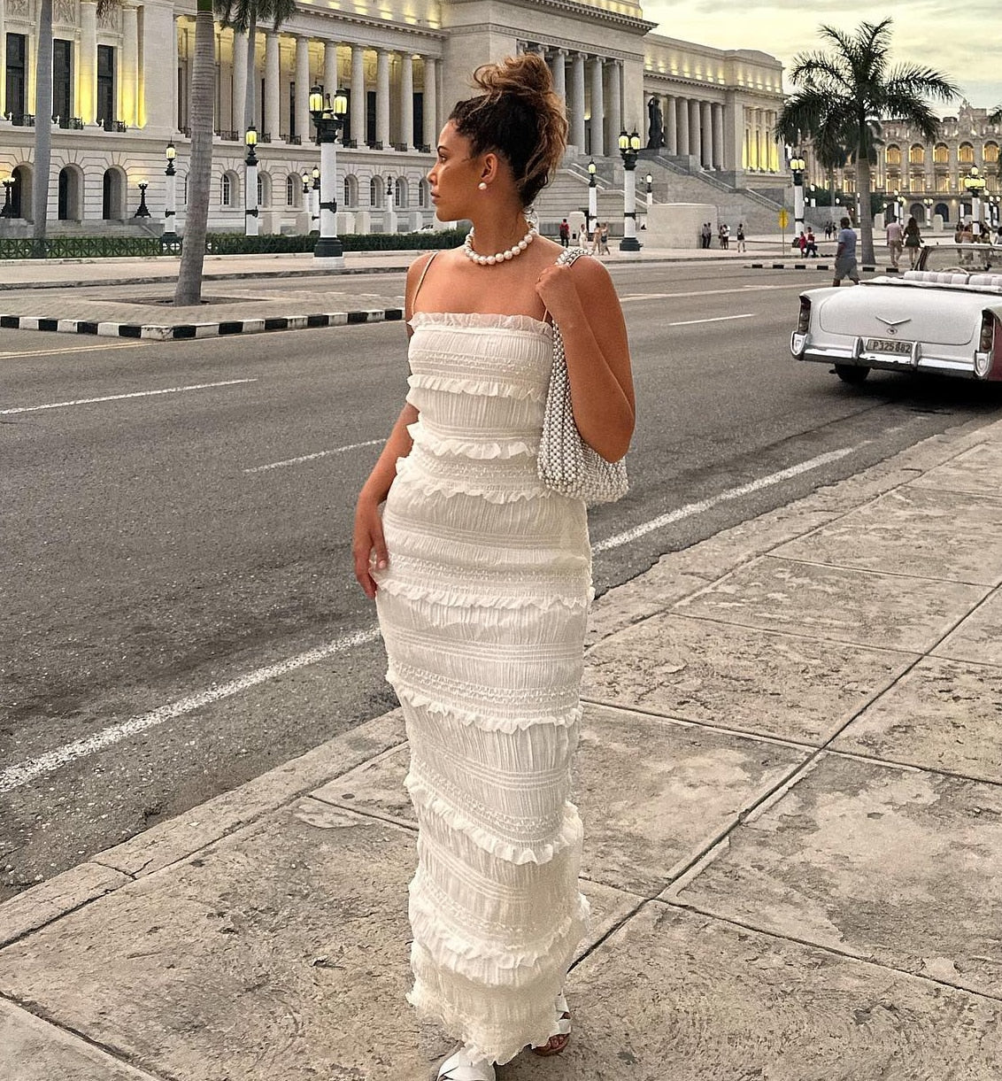 jinran Mingmingxi Luxury Gathered Maxi Formal Occasion Dresses Beige Spaghetti Strap Wedding Party Dresses Summer Prom Dress