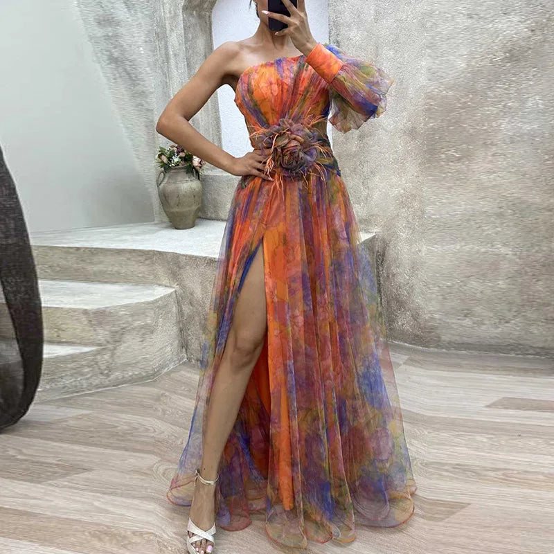 jinran Women High Waist Hollow Out Slit Dresses Party Lady Chic Patchwork Print Maxi Dress Summer Off Shoulder Long Dress New Vestido