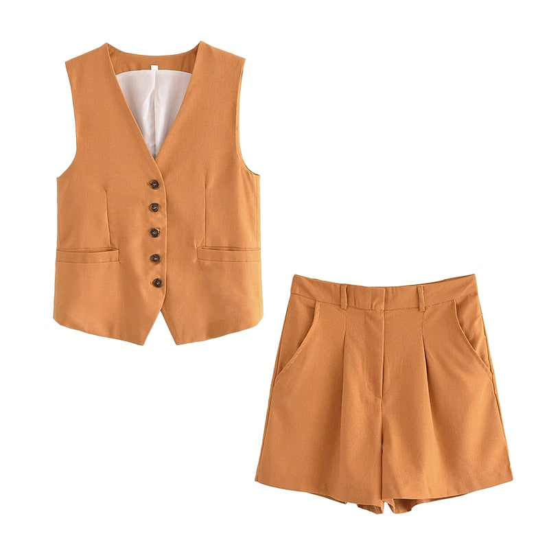 jinran Cotton Linen Brown Spring Summer Pockets Shorts Vest Set Sleevless Button Up V Neck Wide Leg Outfits 2 Pcs Suit Femme