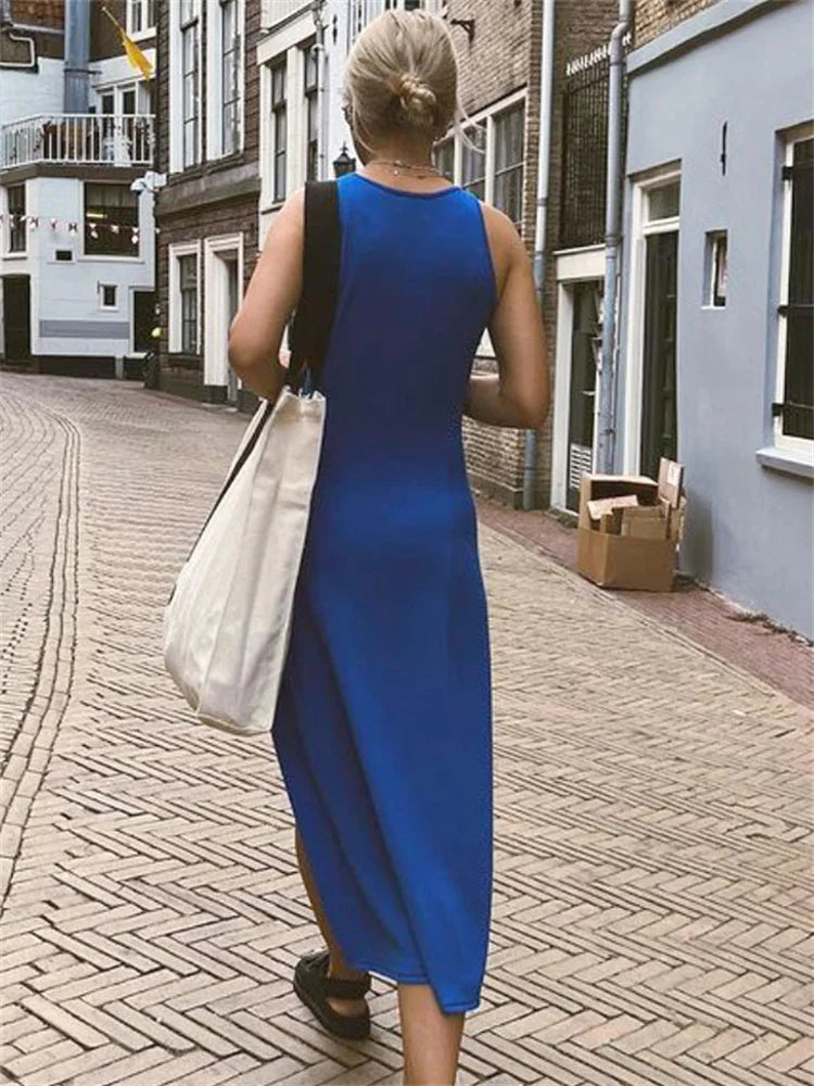 jinran Summer New Sleelvess Slim Bodycon Dress Women Casual High Split Out Solid Holiday Beach Sundress White Tank Dresses 2023