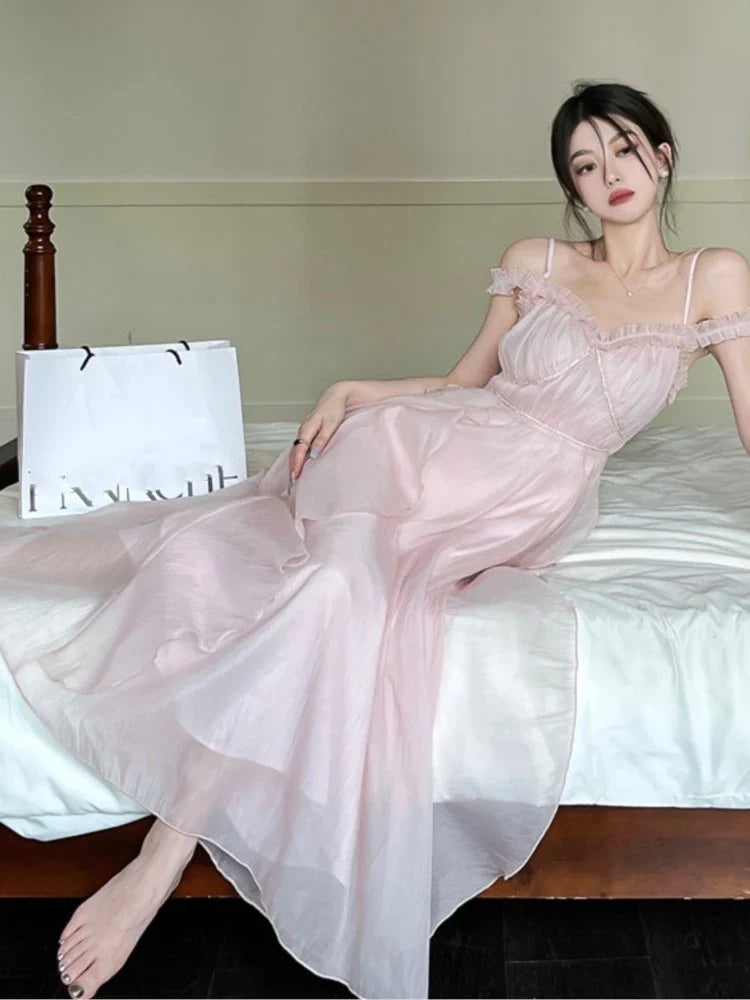 jinran Summer Women Sweet Pink Fairy Chiffon Midi Dress Korean Elegant One-piece A-Line Vestidos Female Clothing Mujers