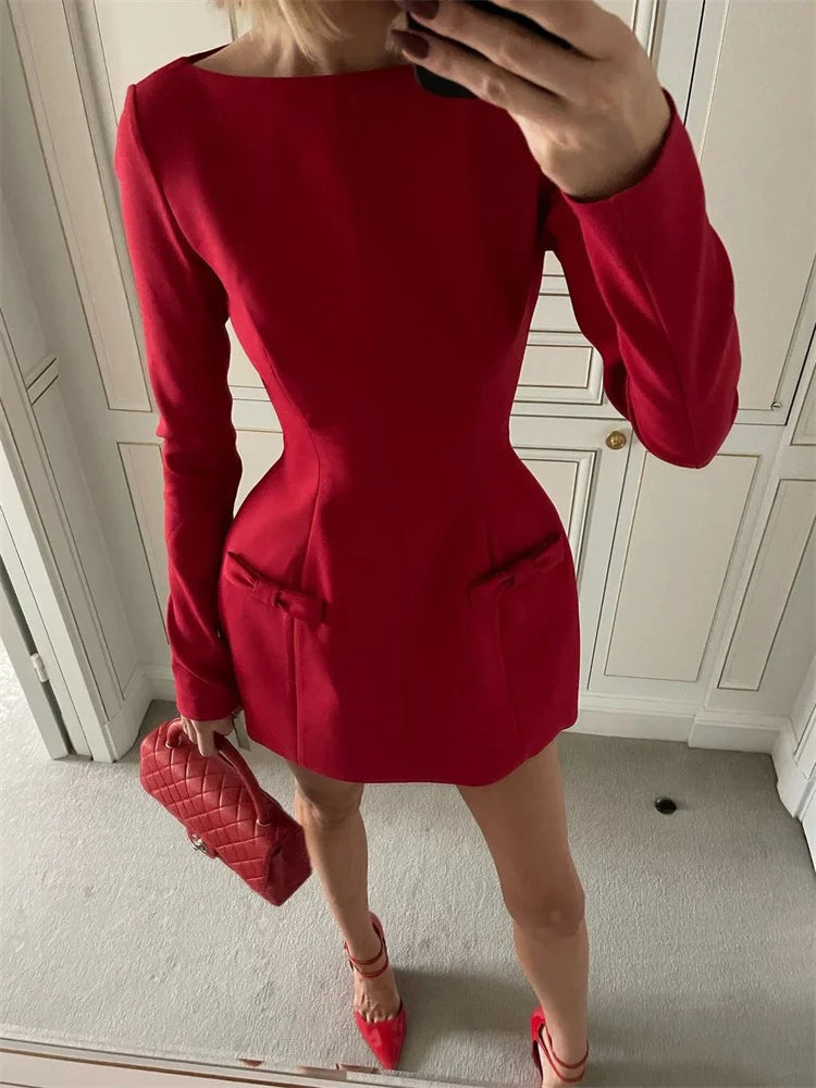 nvxiot - Autumn Female Tee Bow Mini Dress Slim Fashion Patchwork High Waist Elegant Party Dress Women's Solid Y2k Bodycon Dress New